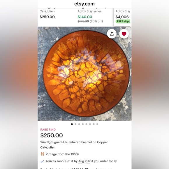 Stunning vintage rare enamel on copper bowl artist Win Ng signed SF MCM - Picture 4 of 4